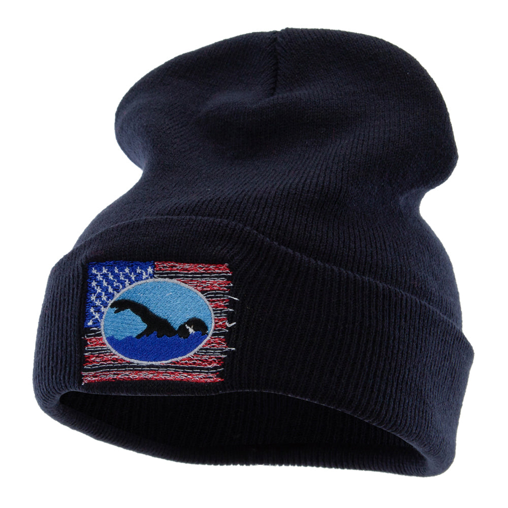 American Swimmer Embroidered 12 Inch Long Knitted Beanie - Navy OSFM