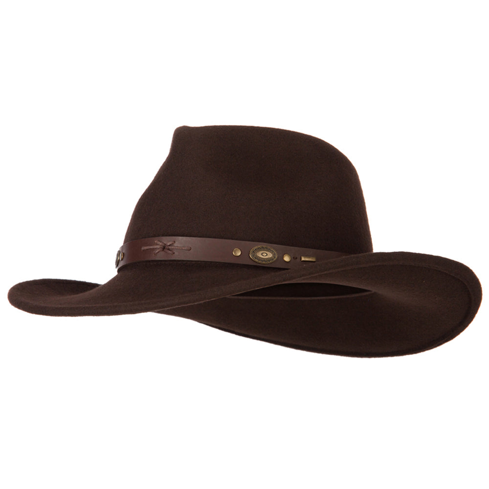 Unisex Brass Accented Leather Band Pinched Fedora Crown Outback Hat - Dk Brown XL