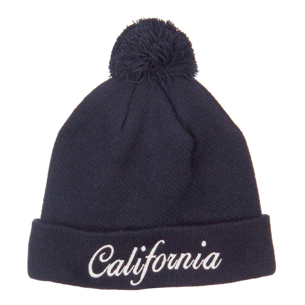 California Embroidered Pom Cuff Beanie - Navy OSFM