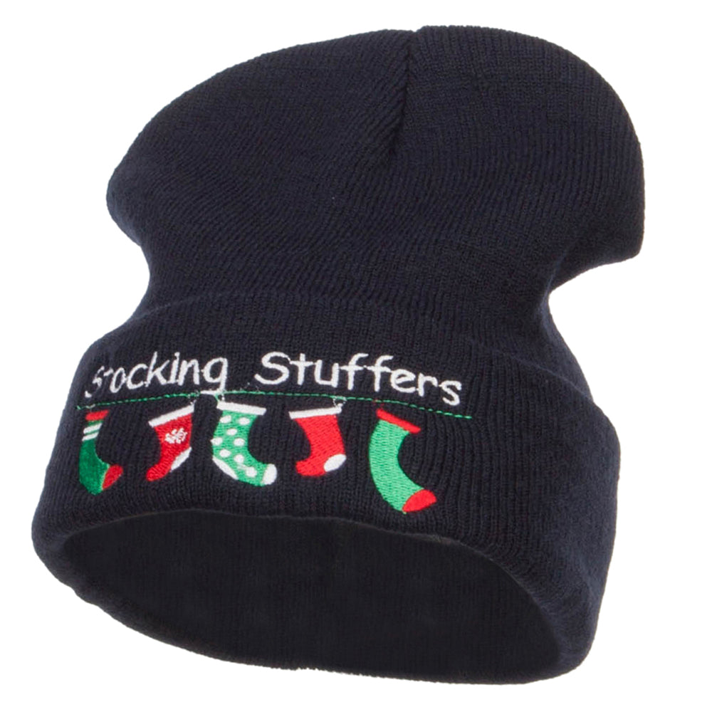 Christmas Stocking Stuffers Embroidered Long Beanie - Navy OSFM