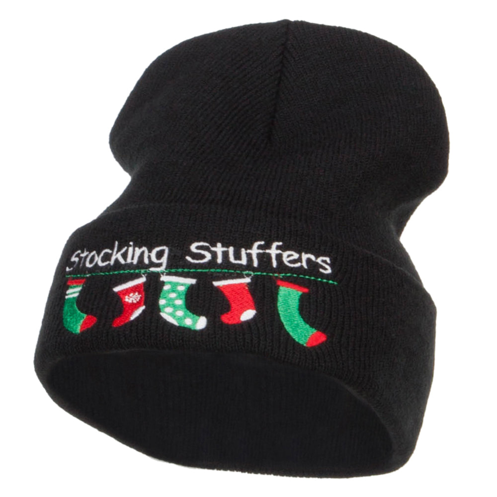 Christmas Stocking Stuffers Embroidered Long Beanie - Black OSFM