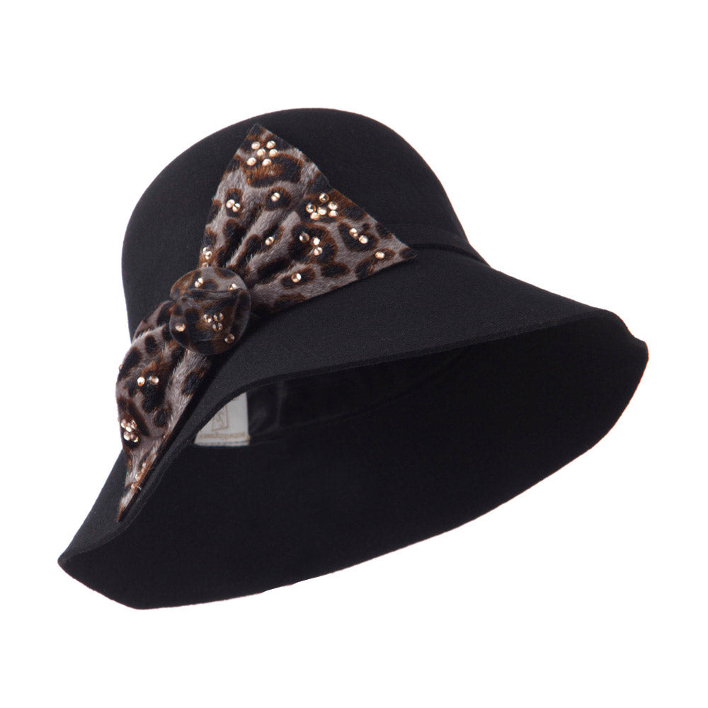 Wool Felt Hat with Animal Print Bow - Black OSFM