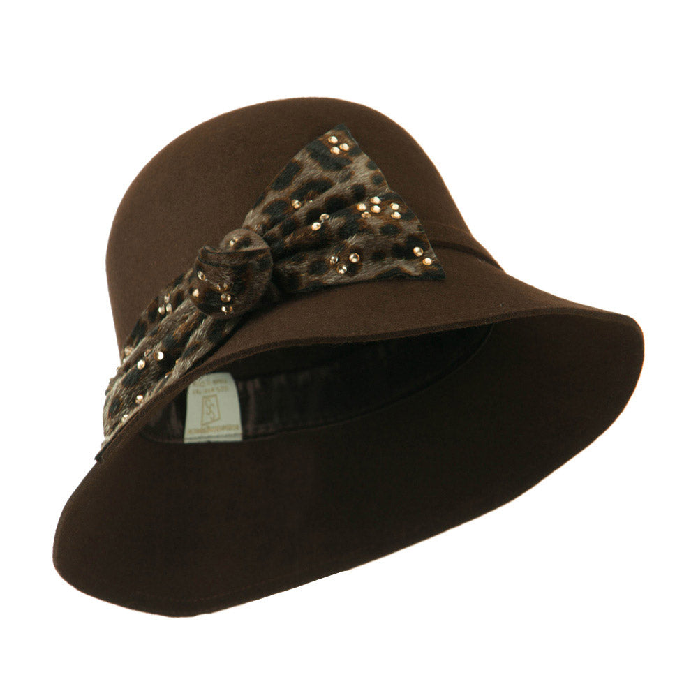 Wool Felt Hat with Animal Print Bow - Brown OSFM