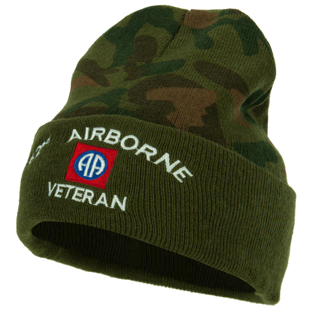 US Army 82nd Airborne Veteran Logo Embroidered Camo Knit Long Cuff Beanie - Green OSFM