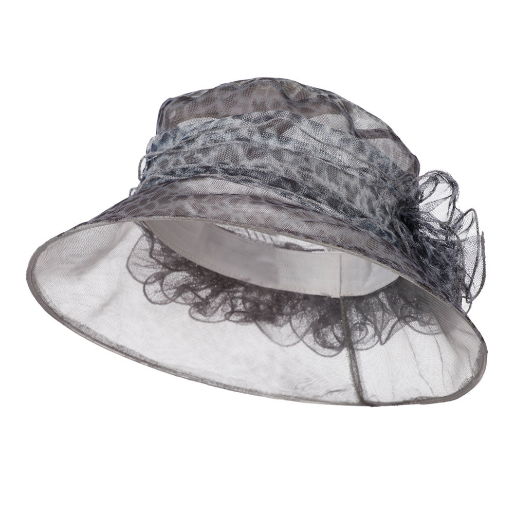 Leopard Print Ruffle Flower Organza Hat - Grey OSFM