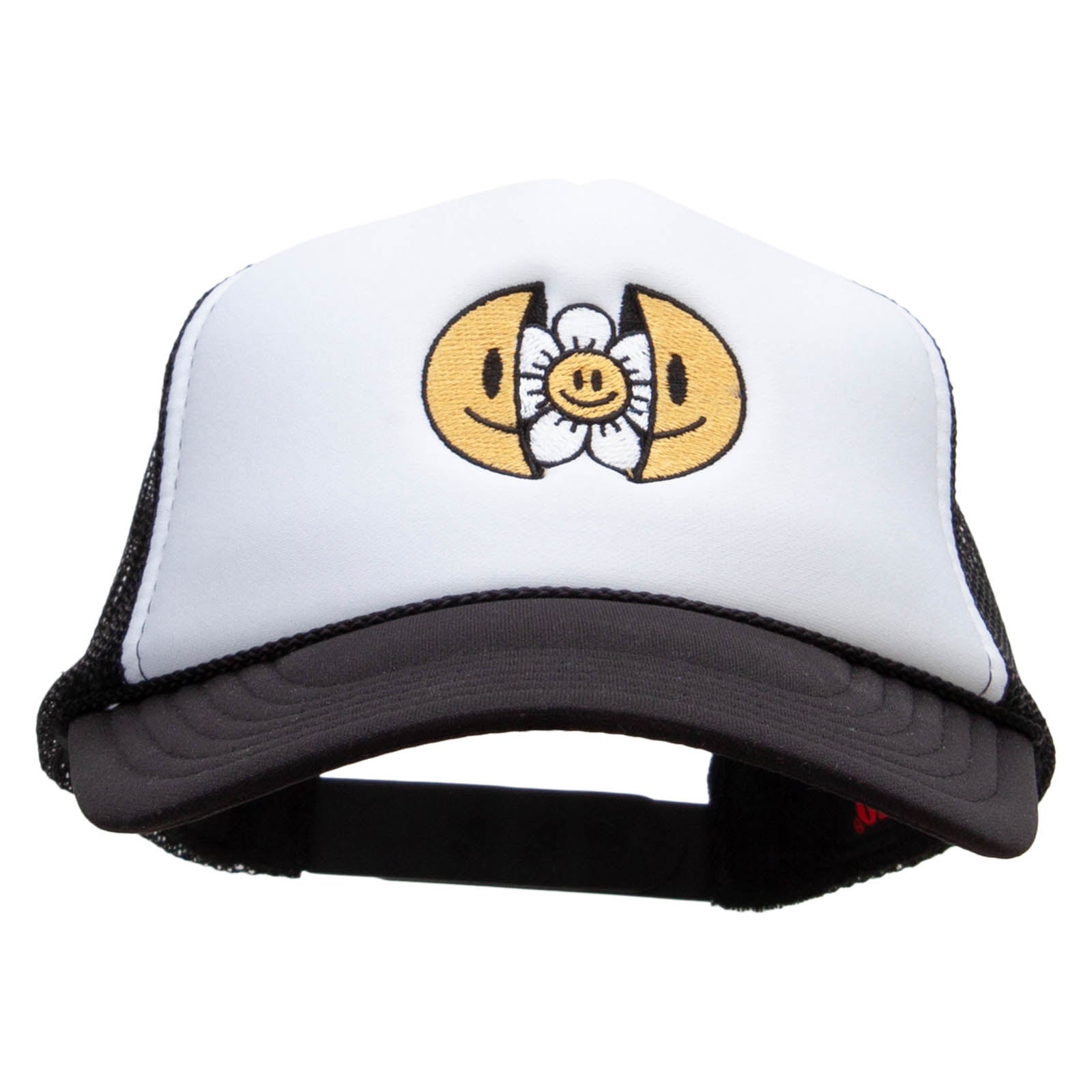 Happy Flower Embroidered Foam Panel Mesh Snapback - Black White OSFM