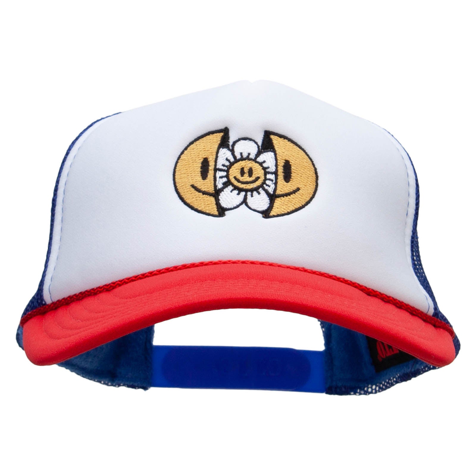 Happy Flower Embroidered Foam Panel Mesh Snapback - White Royal OSFM