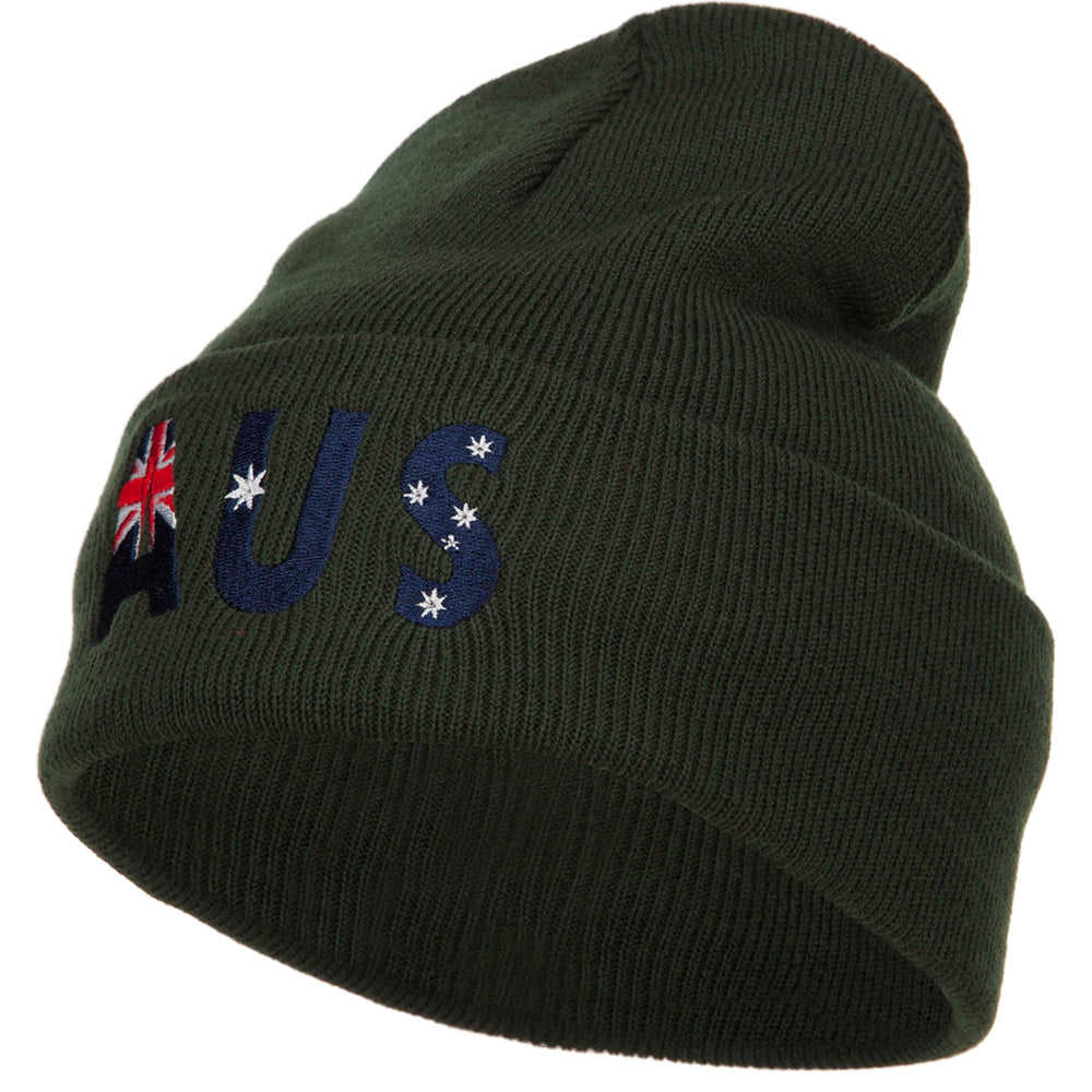 Australia AUS Flag Embroidered Long Beanie - Olive OSFM