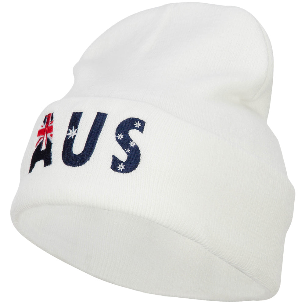 Australia AUS Flag Embroidered Long Beanie - White OSFM