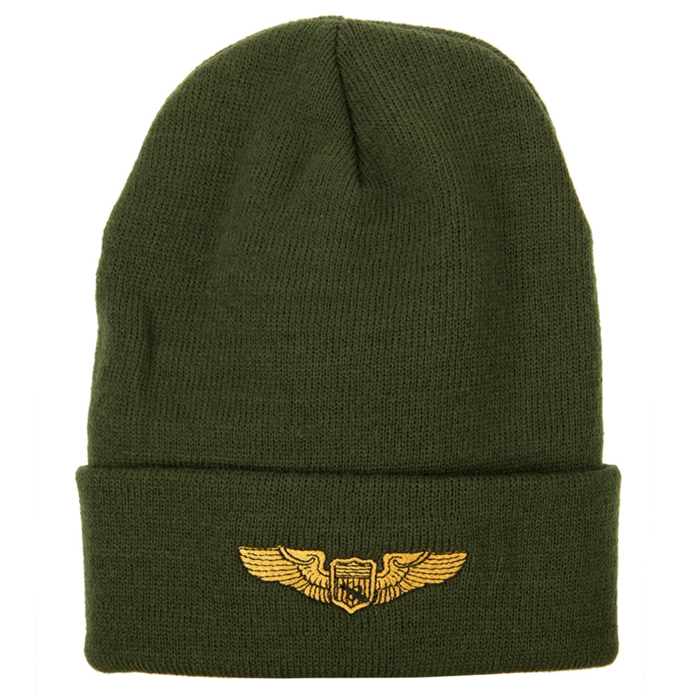 Astronaut Badge Embroidered Long Beanie - Olive OSFM