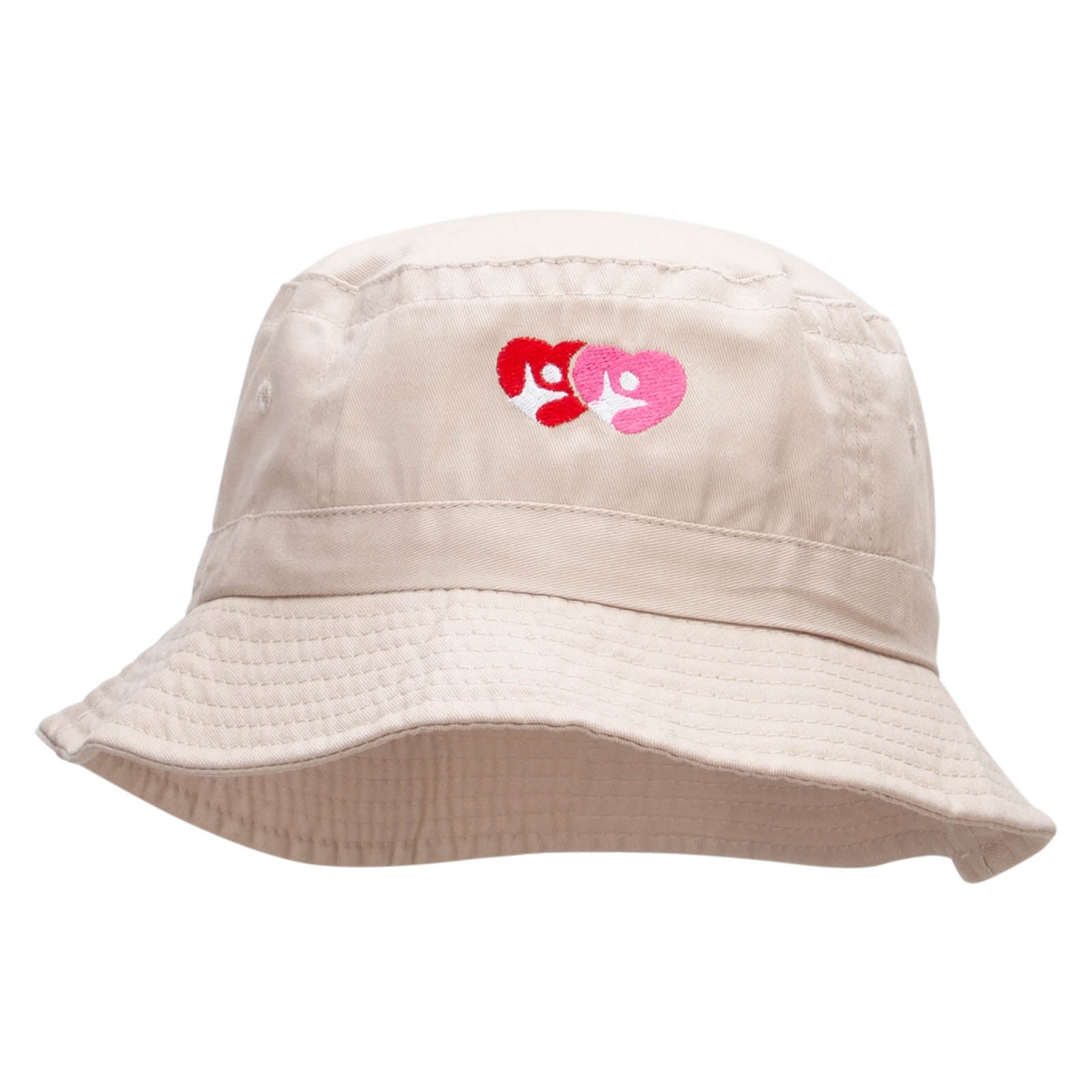 Couple Heart Embroidered Bucket Hat - Khaki OSFM