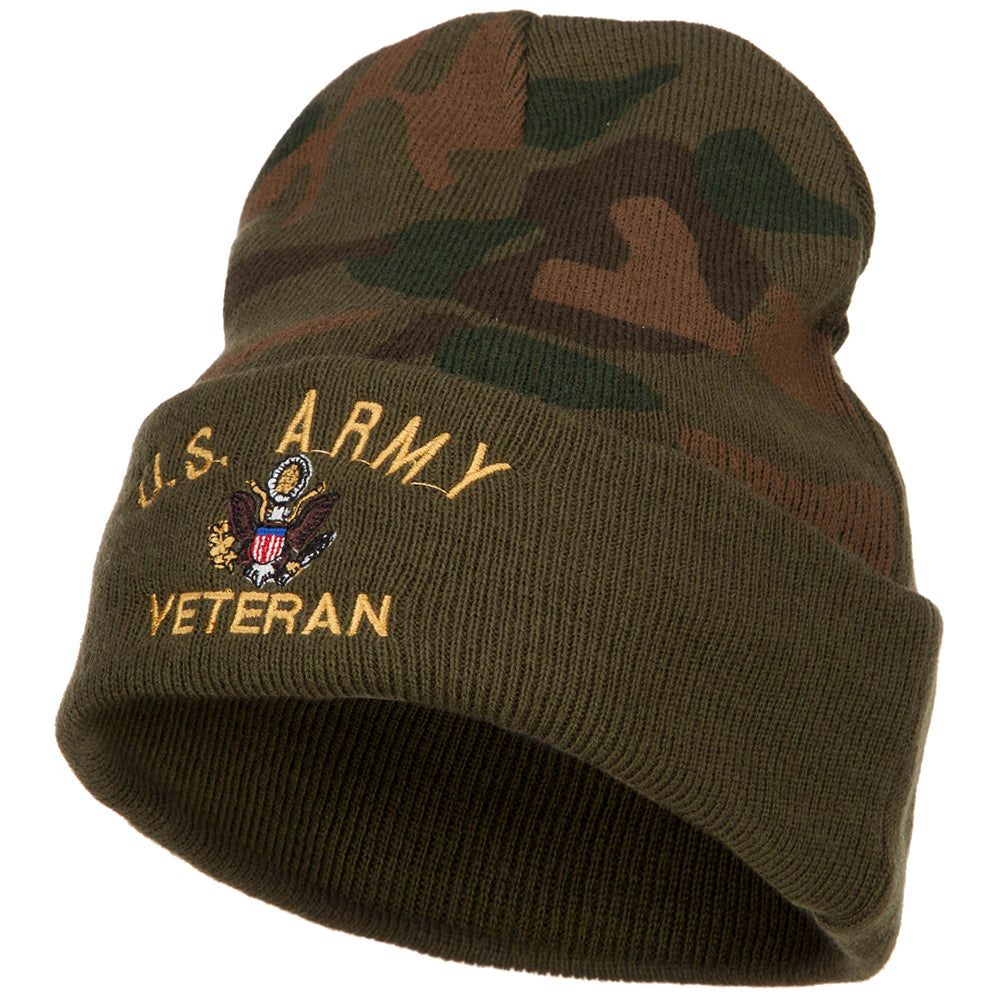 US Army Veteran Military Embroidered Camo Knit Long Beanie - Green OSFM
