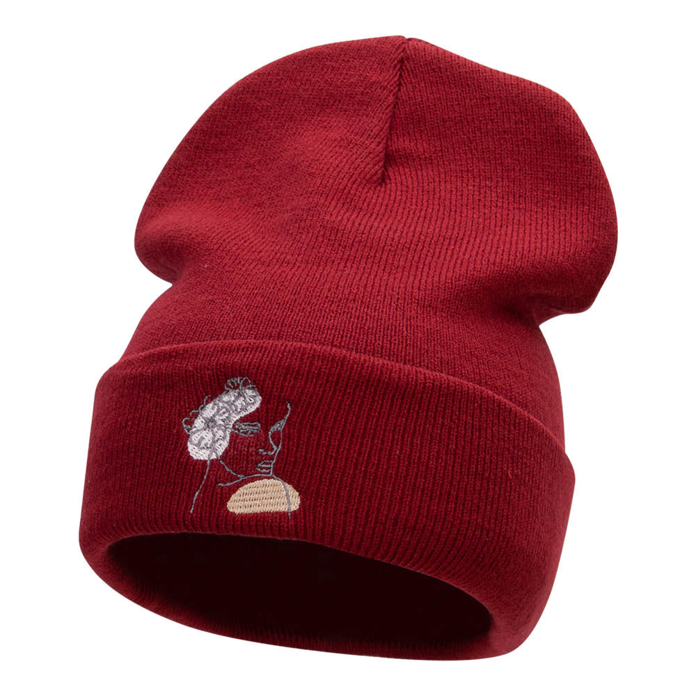 Abstract Woman Embroidered Long Knitted Beanie - Maroon OSFM