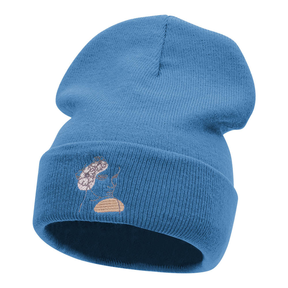 Abstract Woman Embroidered Long Knitted Beanie - Sky Blue OSFM