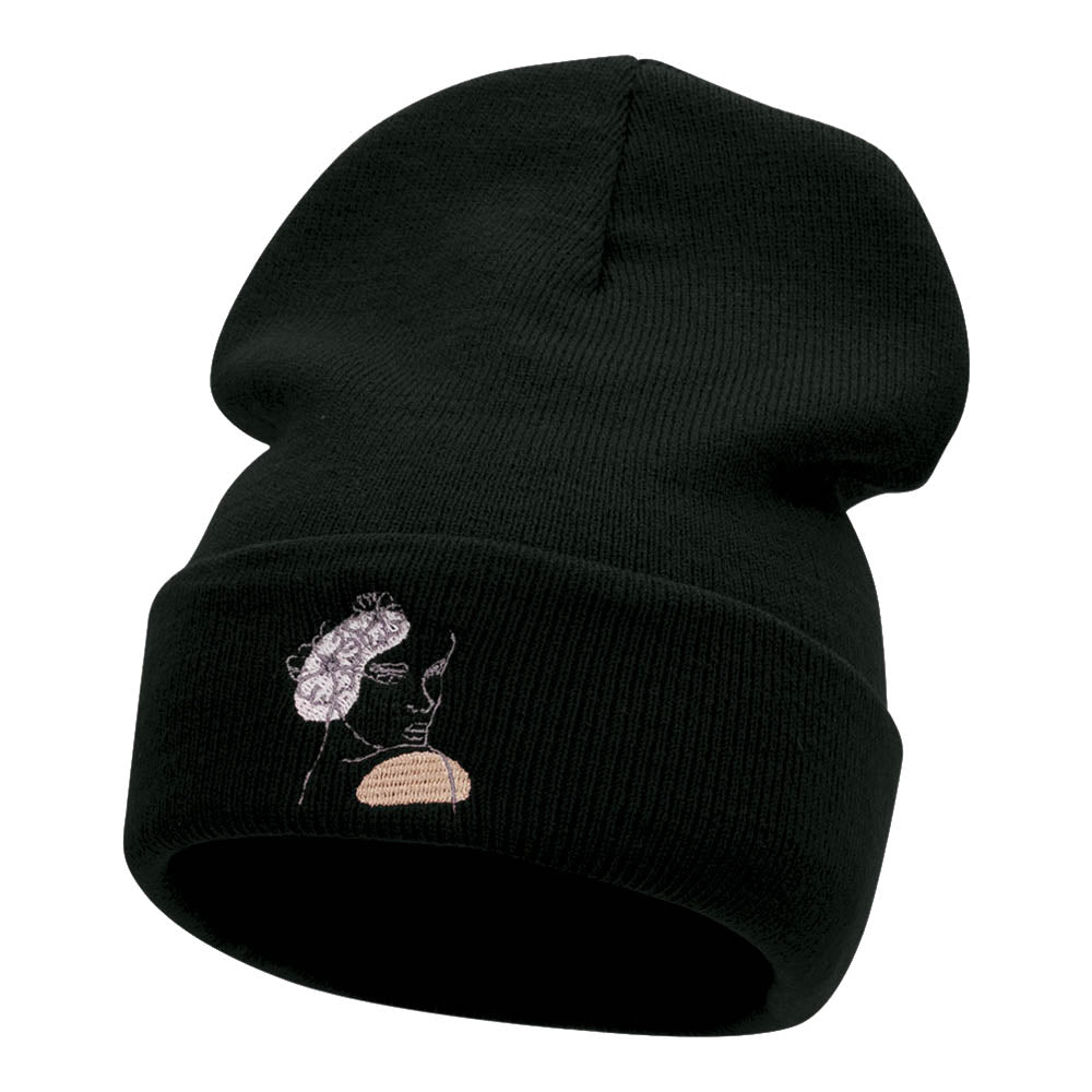 Abstract Woman Embroidered Long Knitted Beanie - Black OSFM