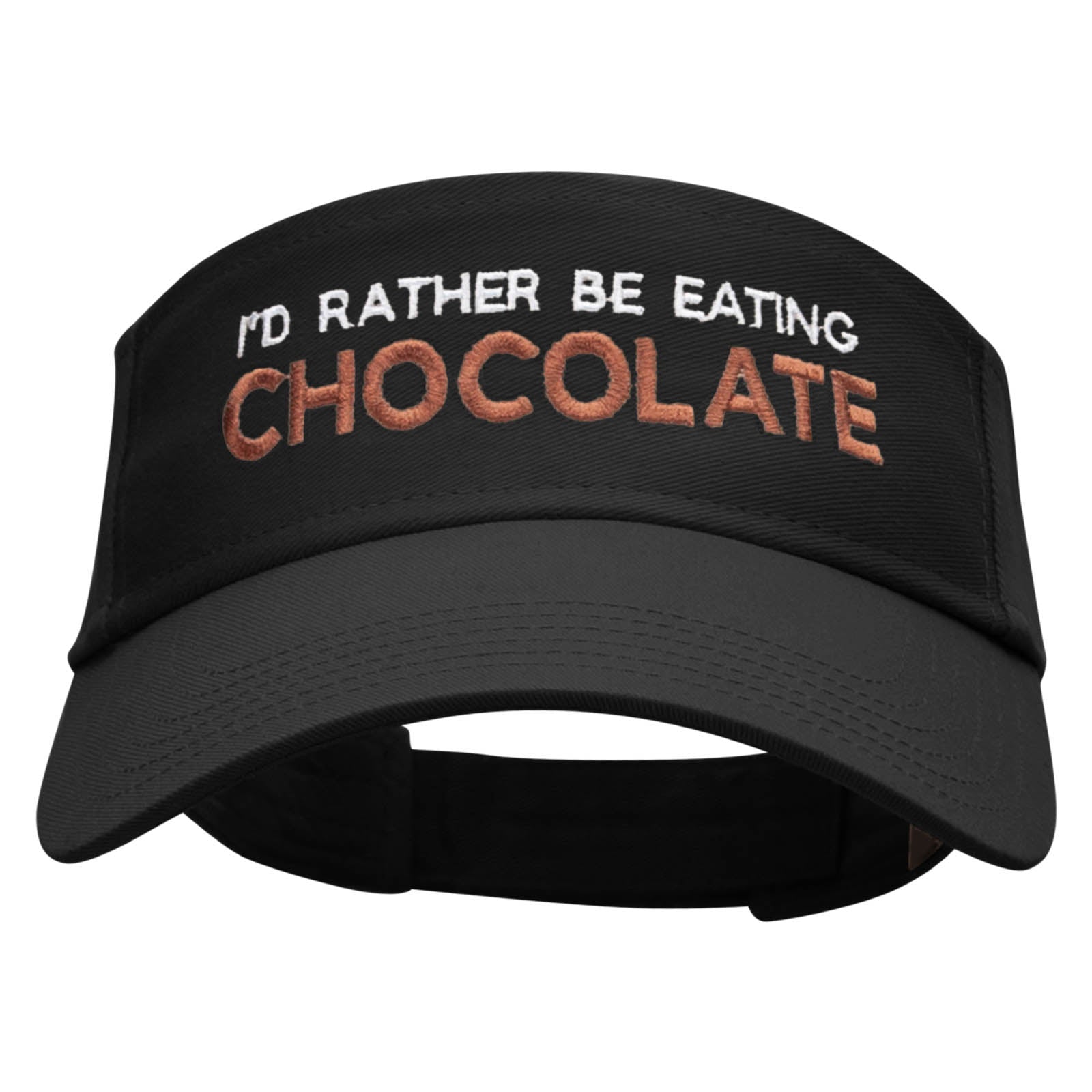 I&#039;d Rather Be Eating Chocolate Phrase Embroidered Cotton Twill Sun Visor - Black OSFM