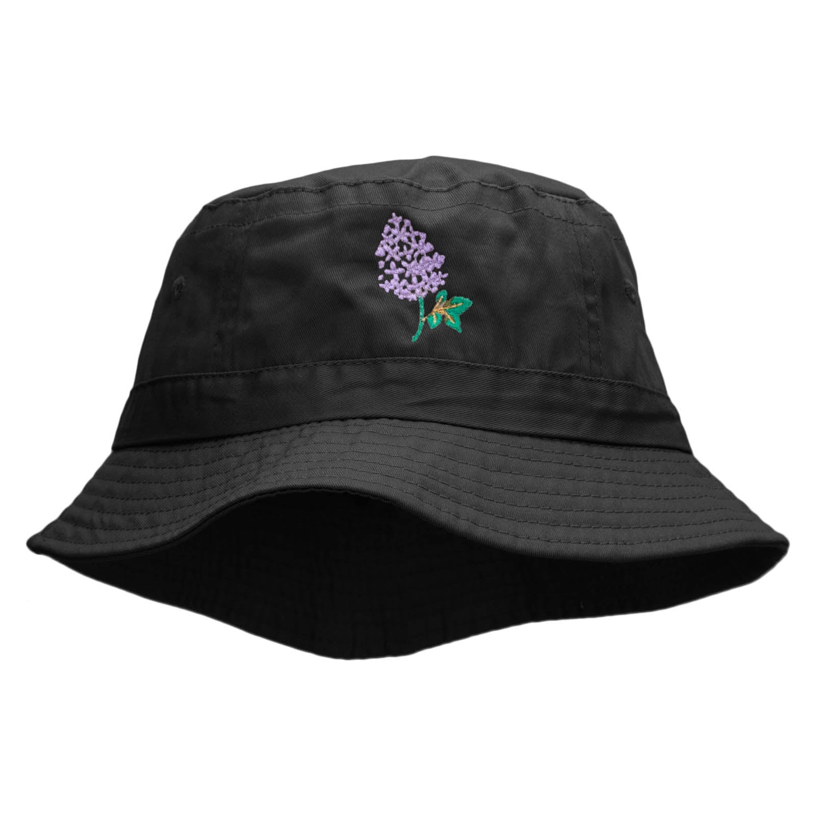 Lilac Flower Embroidered Bucket Hat - Black OSFM