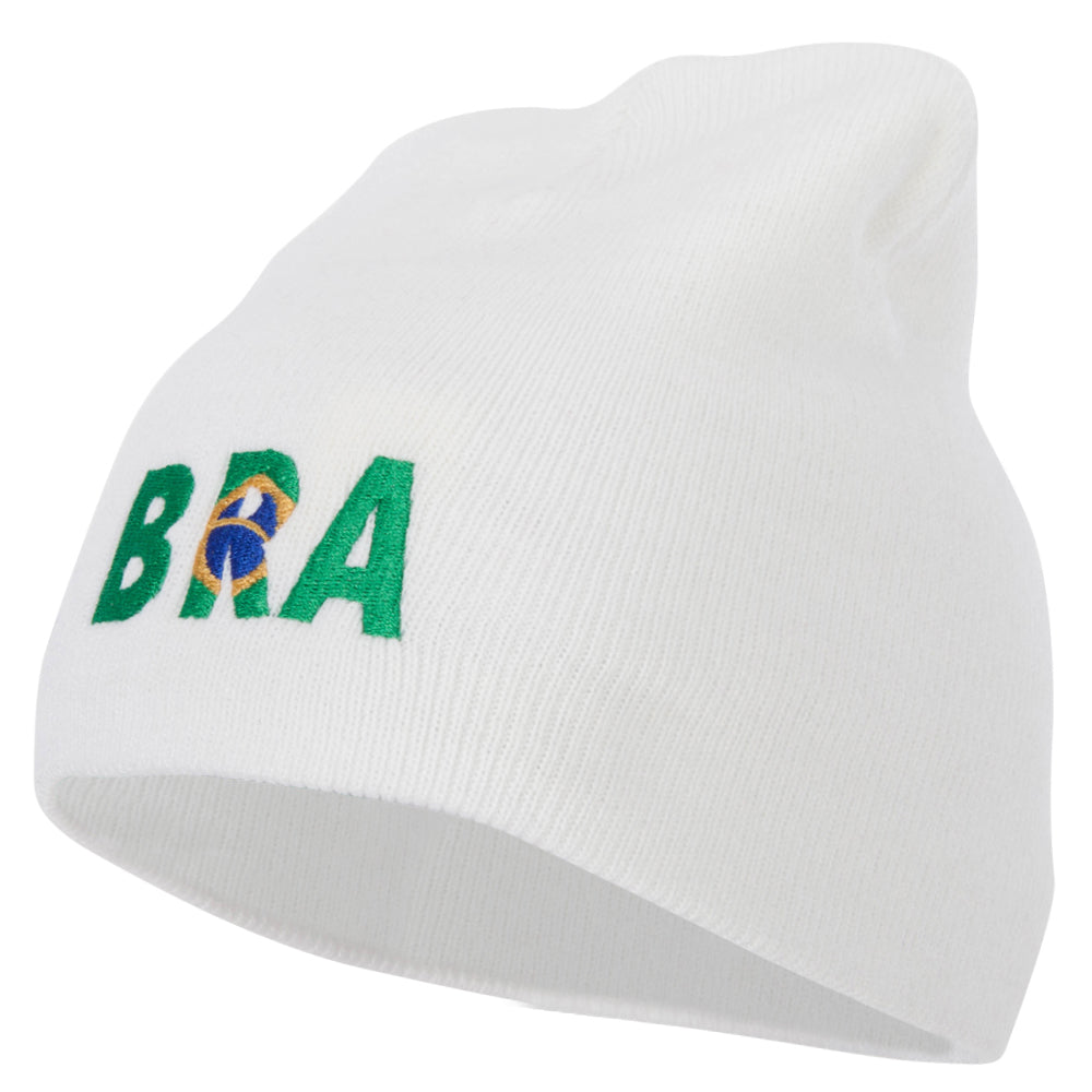 Brazil Country Three-Letter BRA Flag Embroidered 8 Inch Knitted Short Beanie - White OSFM