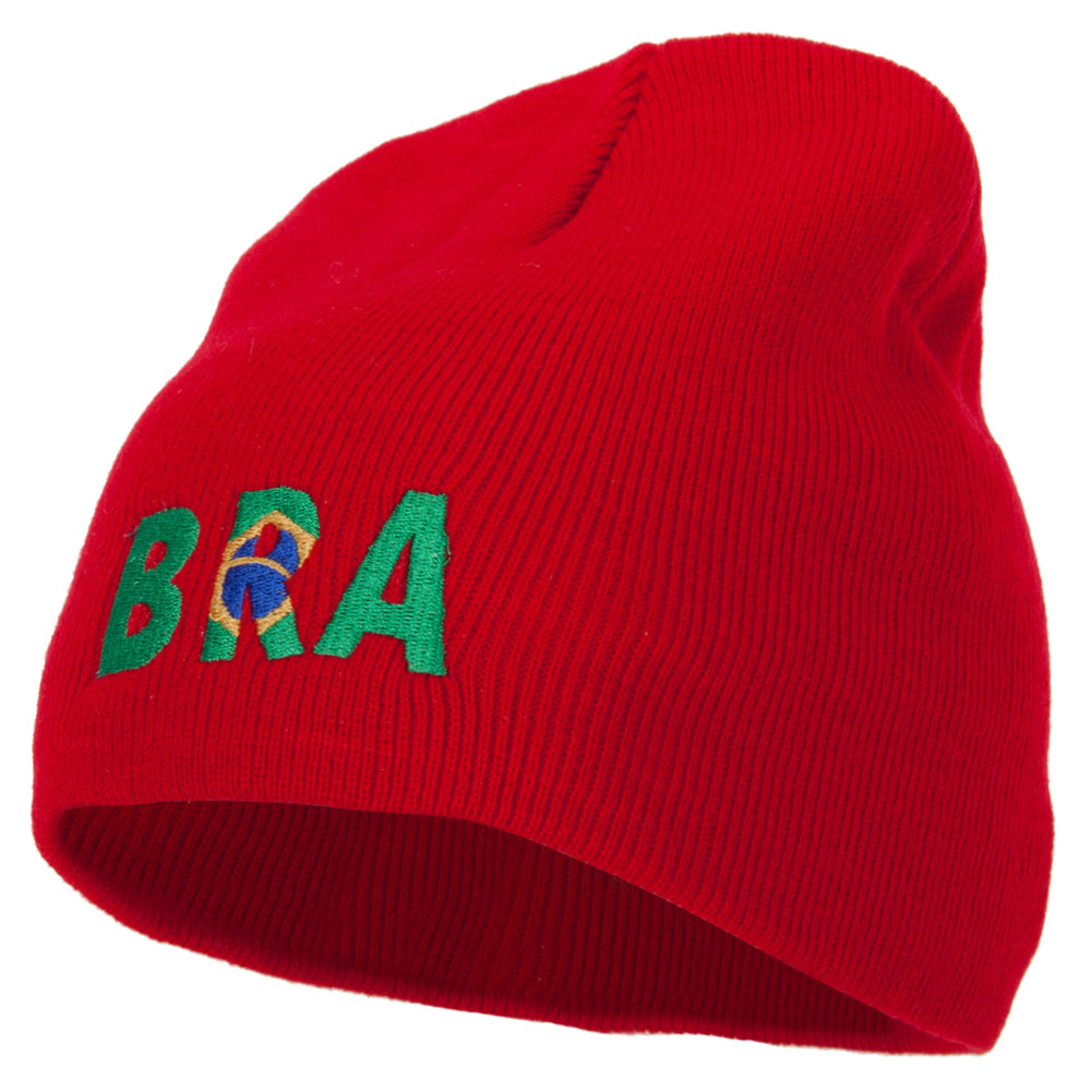 Brazil Country Three-Letter BRA Flag Embroidered 8 Inch Knitted Short Beanie - Red OSFM