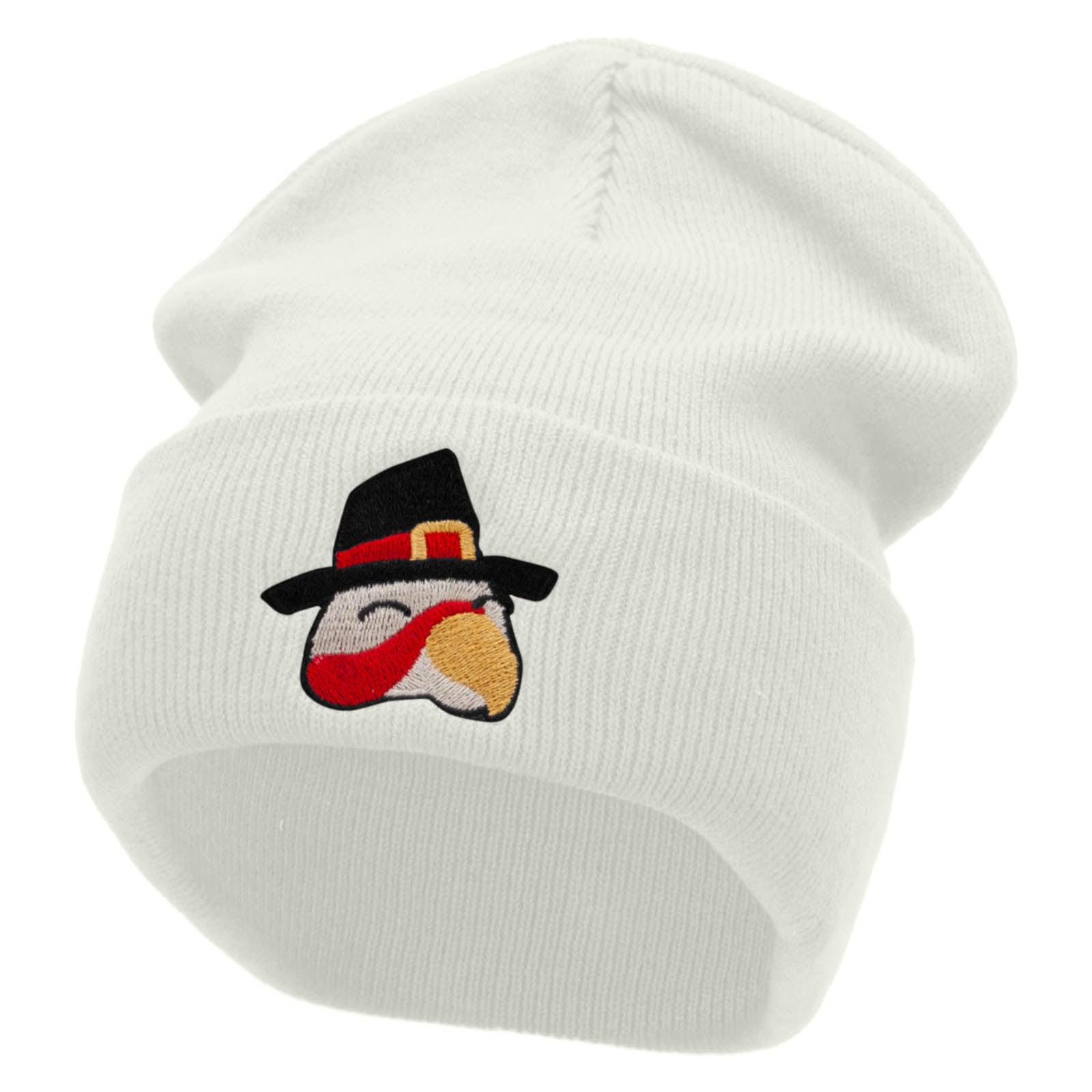 Turkey Head Embroidered 12 Inch Long Knitted Beanie - White OSFM