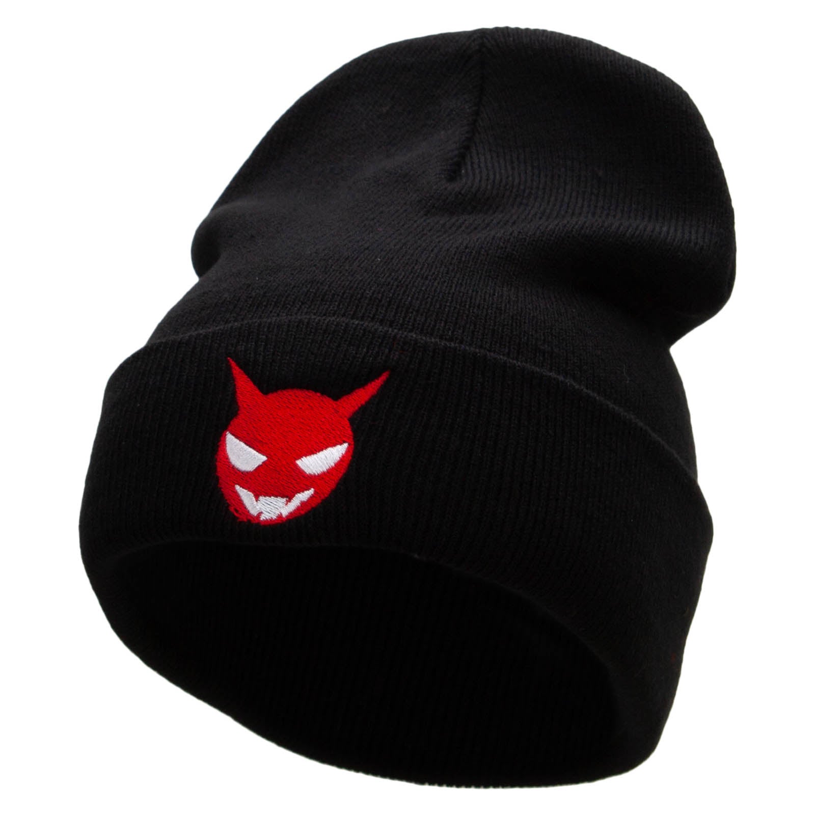 Little Devil Embroidered 12 Inch Long Knitted Beanie - Black OSFM