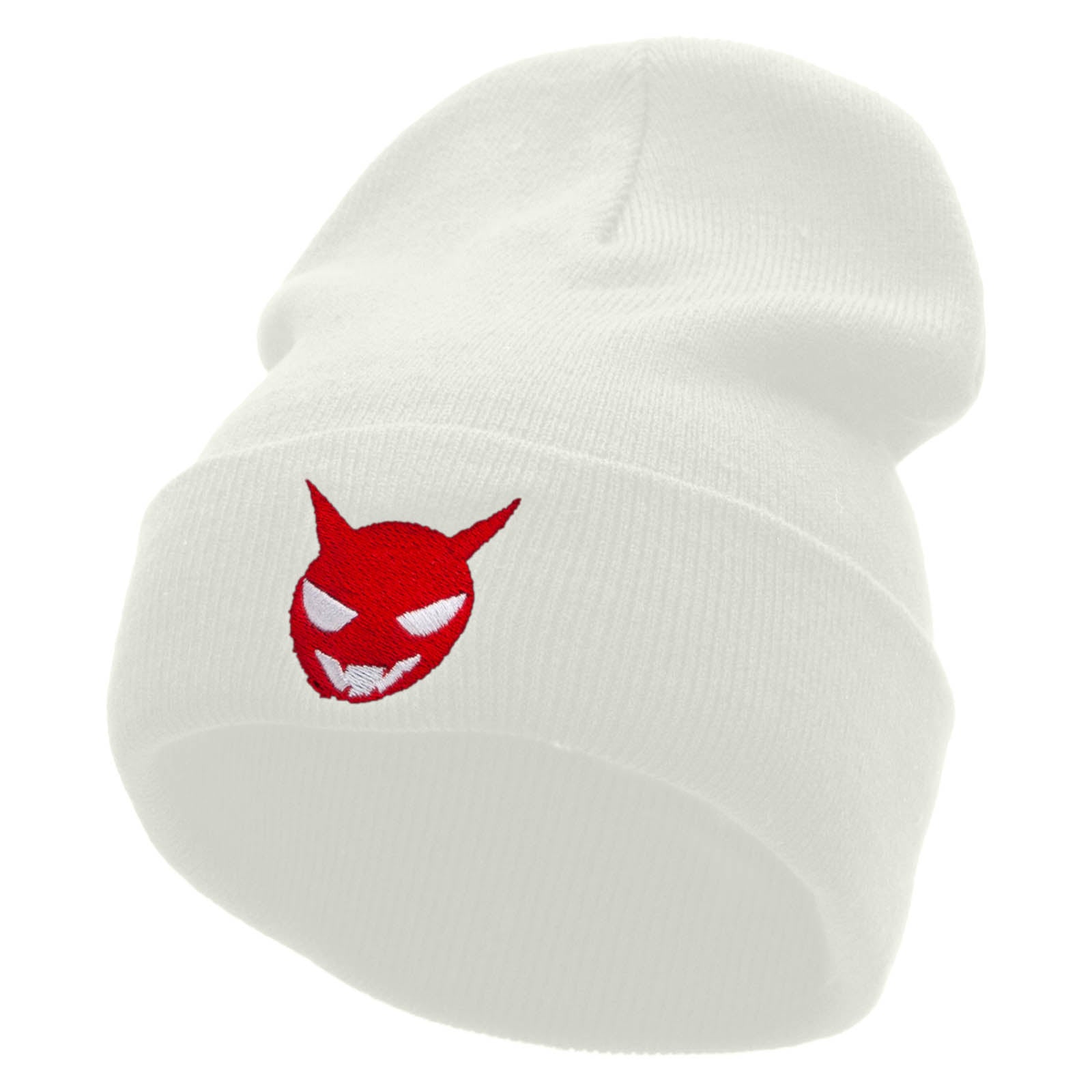 Little Devil Embroidered 12 Inch Long Knitted Beanie - White OSFM