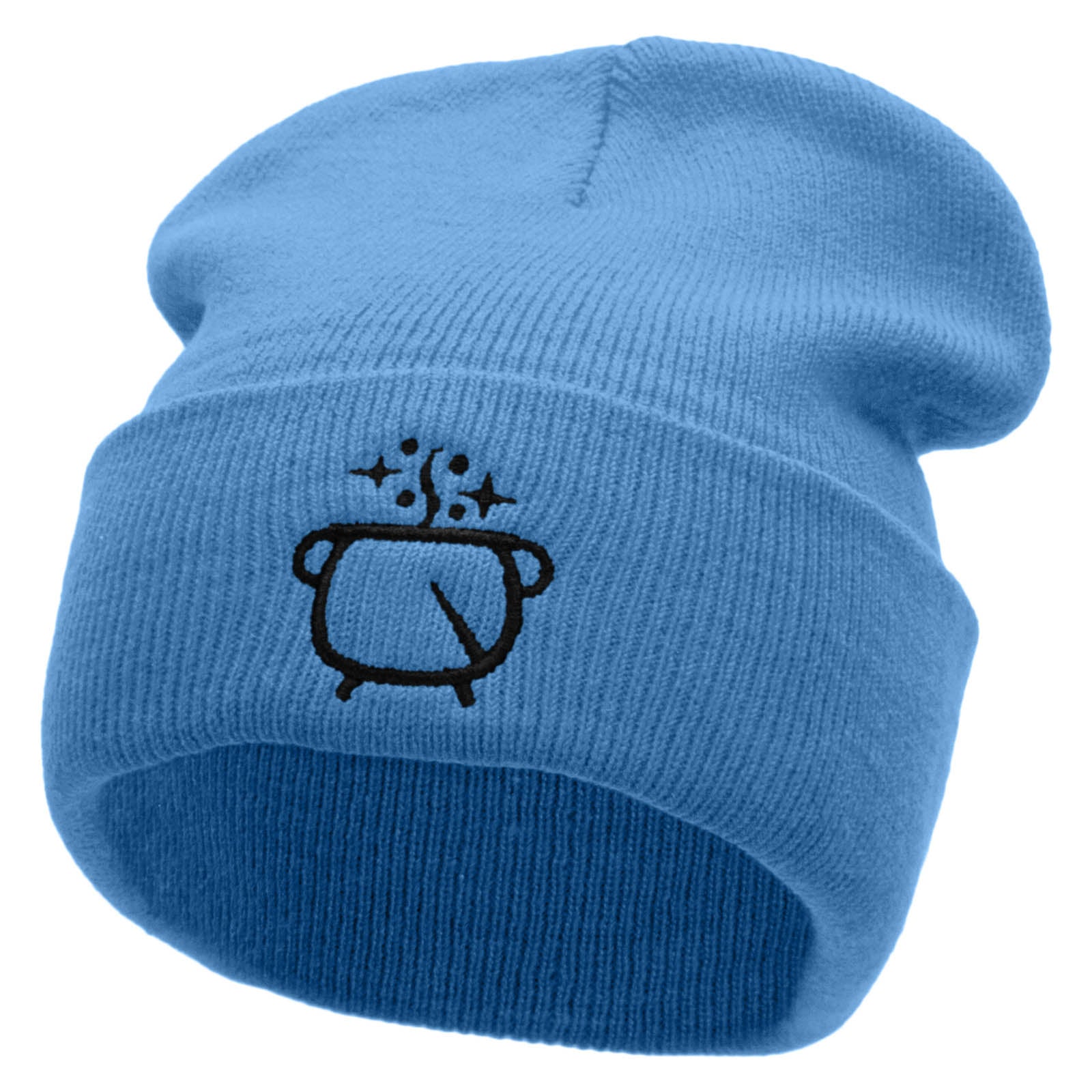 Witches Pot Embroidered 12 Inch Long Knitted Beanie - Sky Blue OSFM