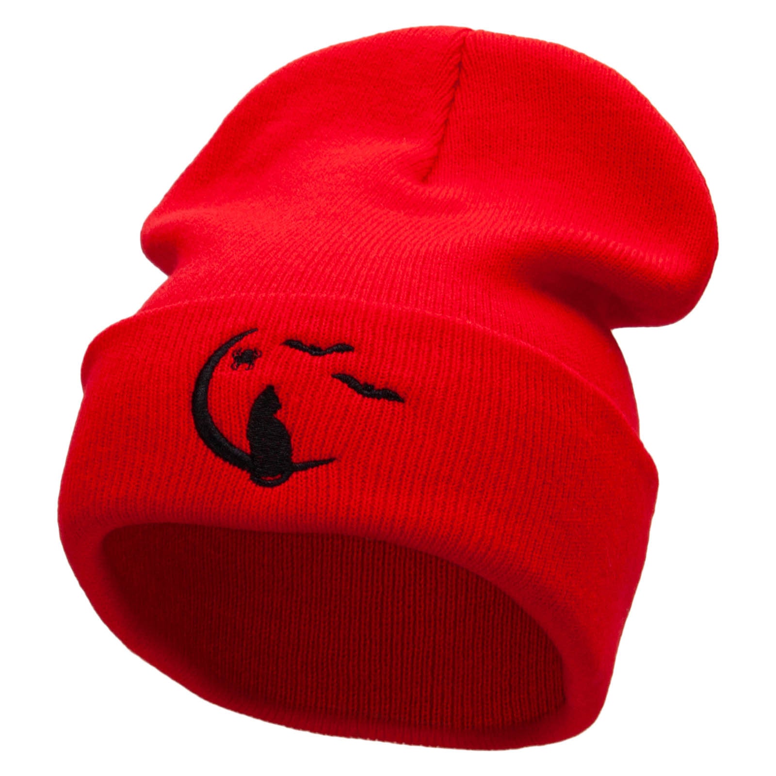 Moonlight Cat Embroidered 12 Inch Long Knitted Beanie - Red OSFM