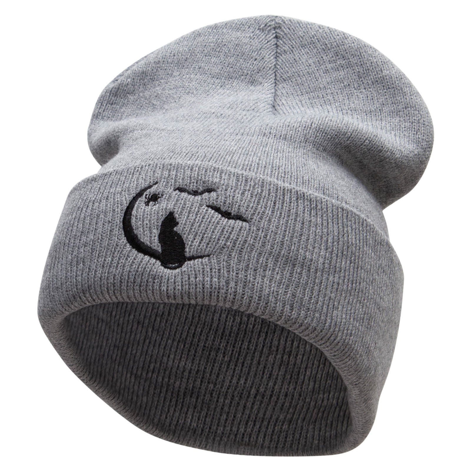 Moonlight Cat Embroidered 12 Inch Long Knitted Beanie - Heather Grey OSFM