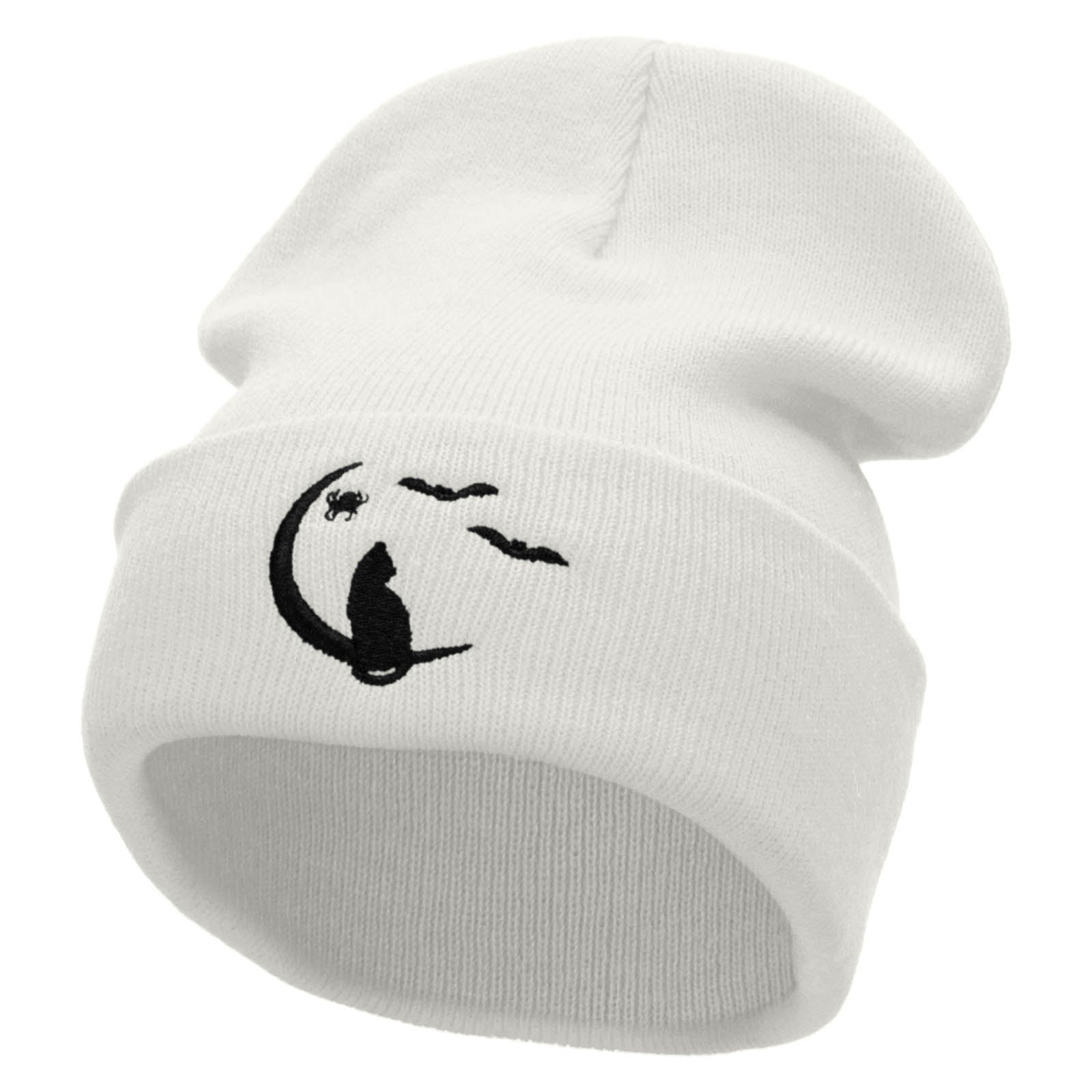 Moonlight Cat Embroidered 12 Inch Long Knitted Beanie - White OSFM