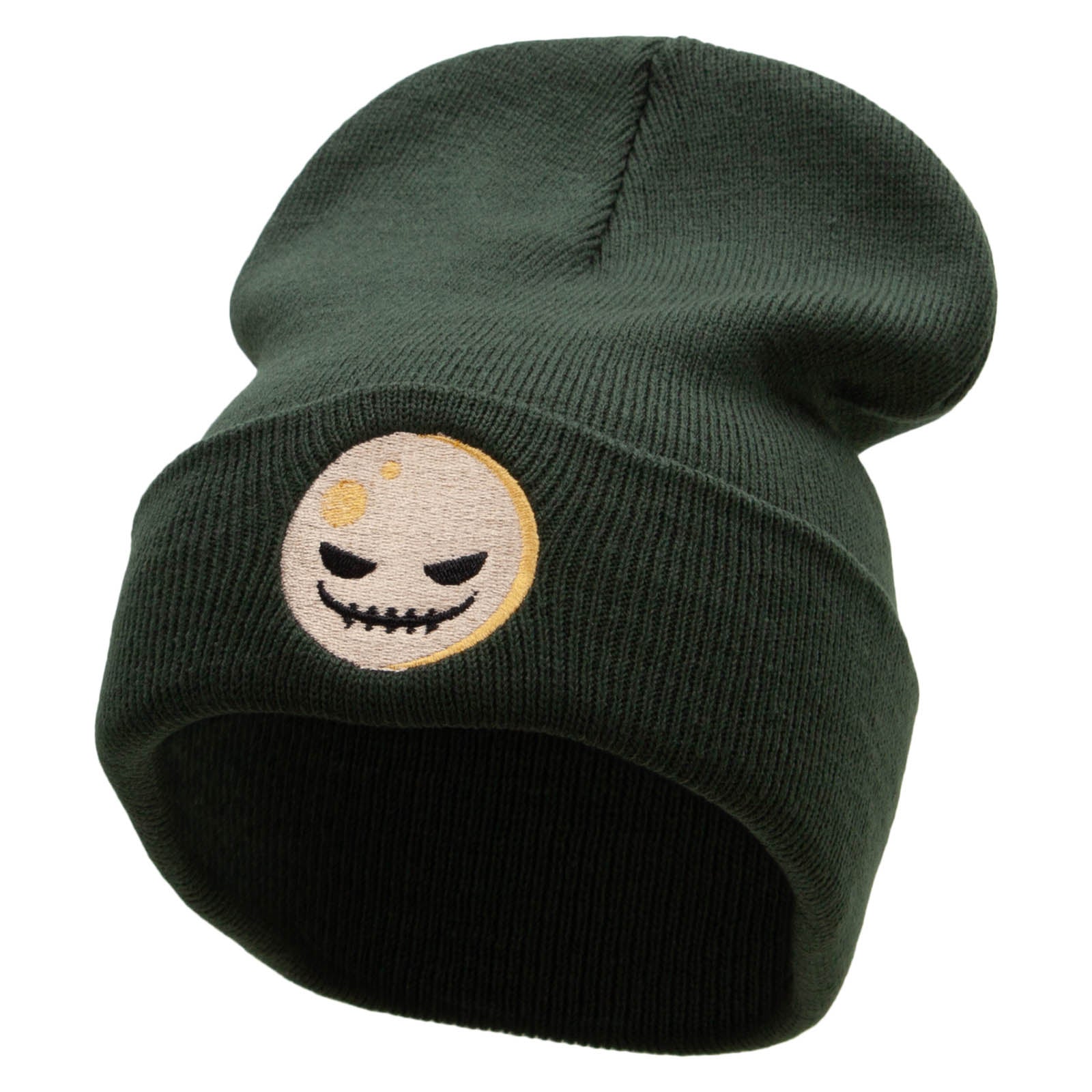 Spooky Moon Embroidered 12 Inch Long Knitted Beanie - Olive OSFM