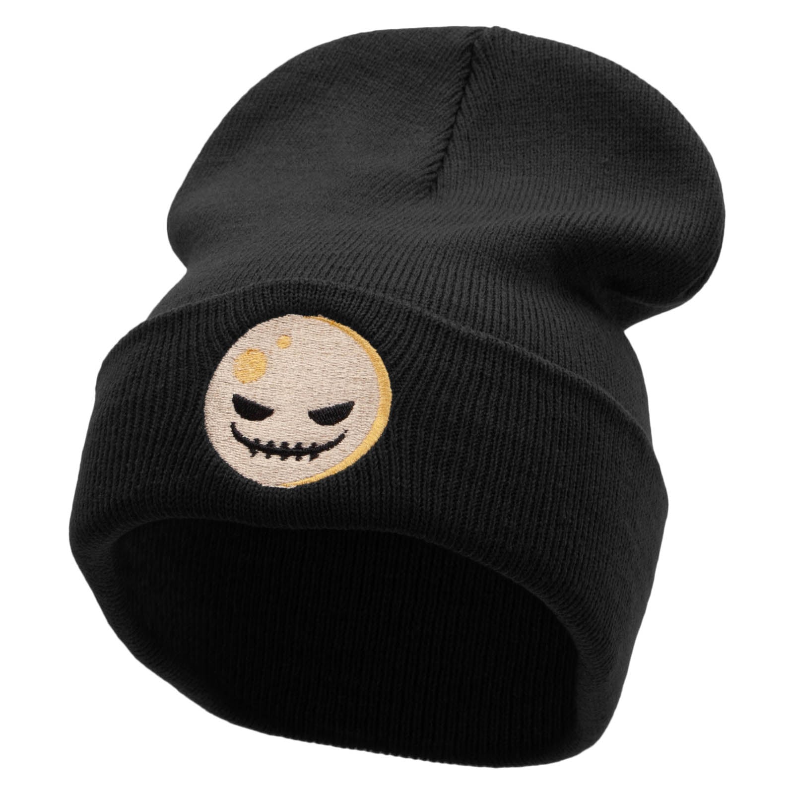Spooky Moon Embroidered 12 Inch Long Knitted Beanie - Black OSFM