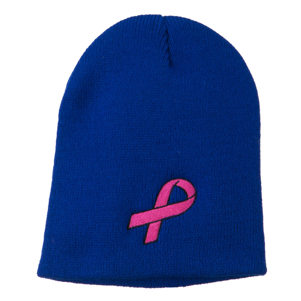 Pink Ribbon Breast Cancer Embroidered Short Beanie - Royal OSFM