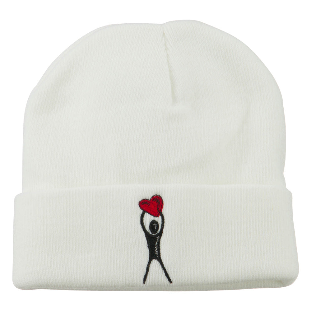 Breast Cancer Body Heart Embroidered Long Beanie - White OSFM