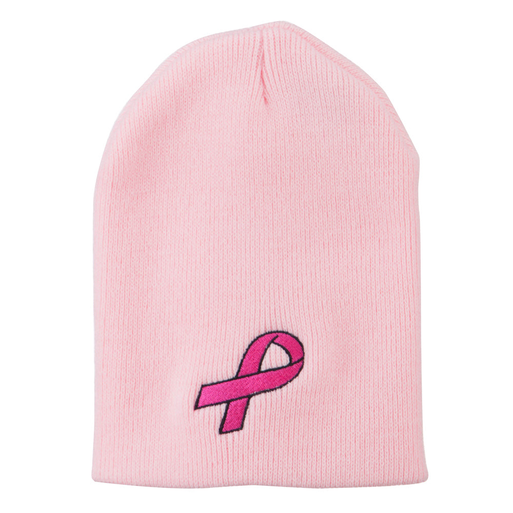 Pink Ribbon Breast Cancer Embroidered Short Beanie - Pink OSFM