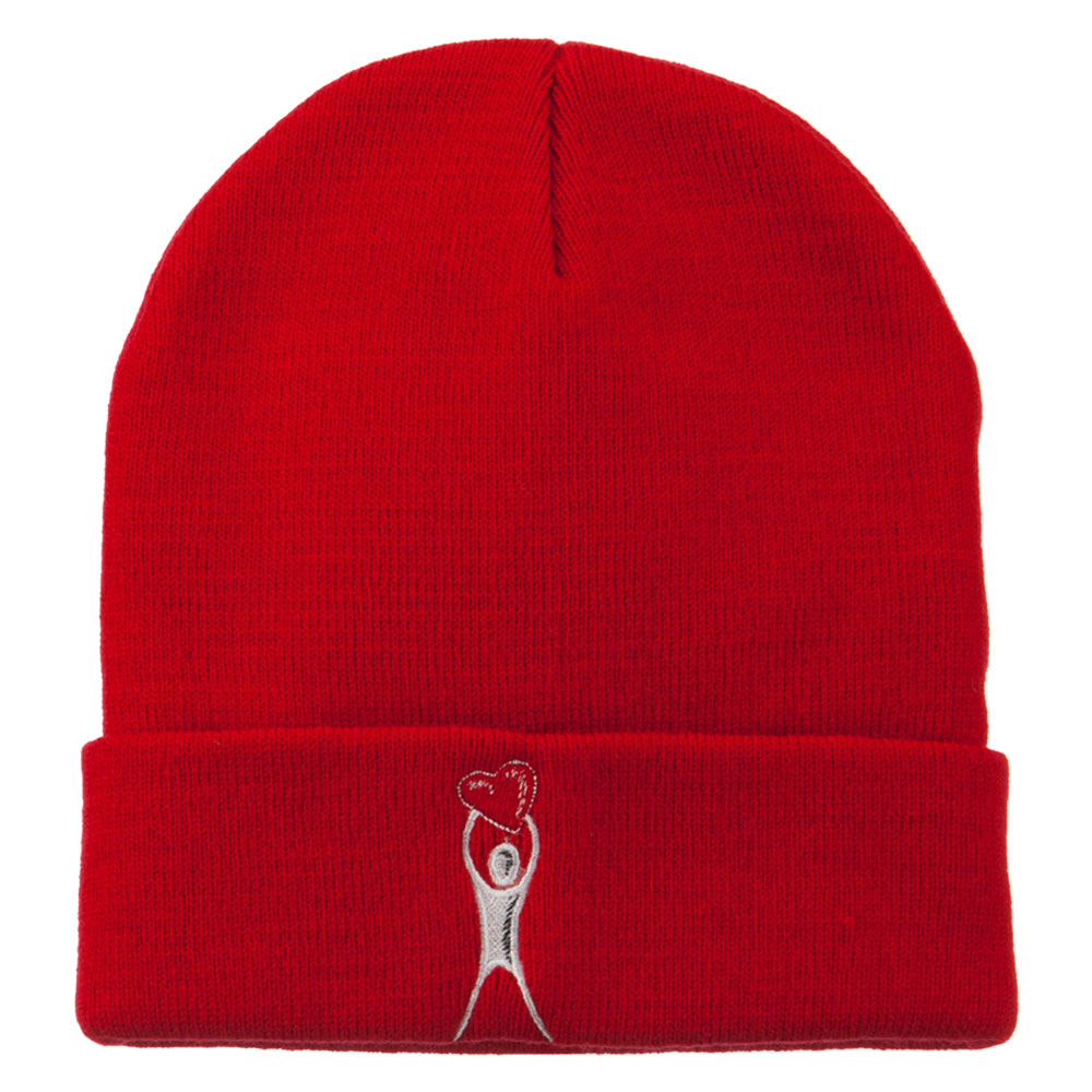 Breast Cancer Body Heart Embroidered Long Beanie - Red OSFM