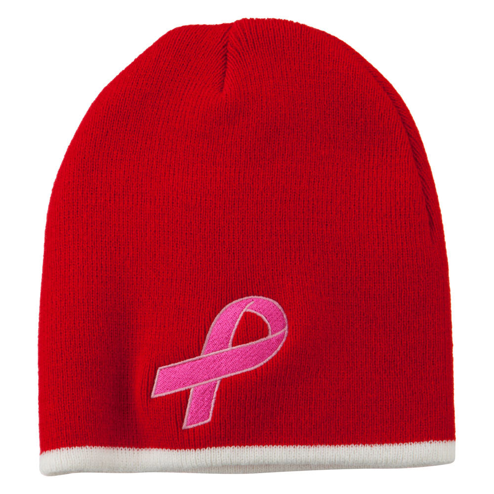 Hot Pink Breast Cancer Embroidered Short Trim Beanie - Red White OSFM