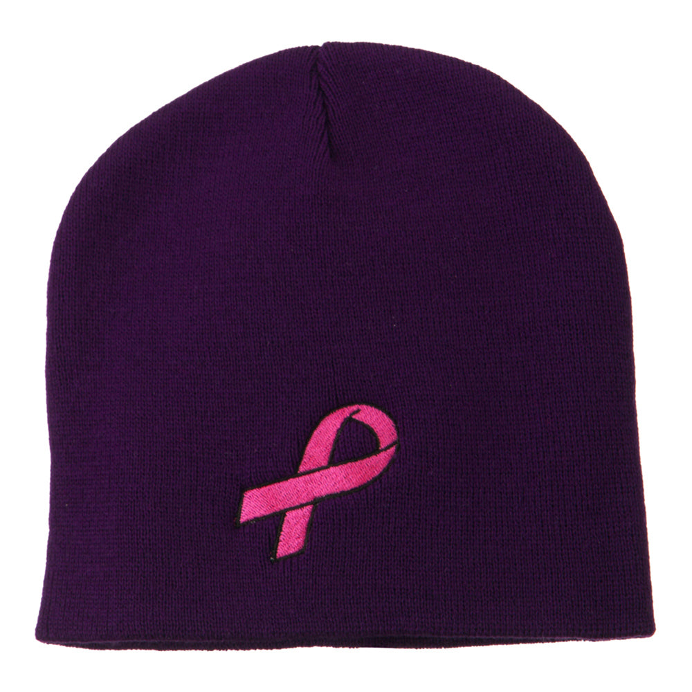 Pink Ribbon Breast Cancer Embroidered Short Beanie - Purple OSFM
