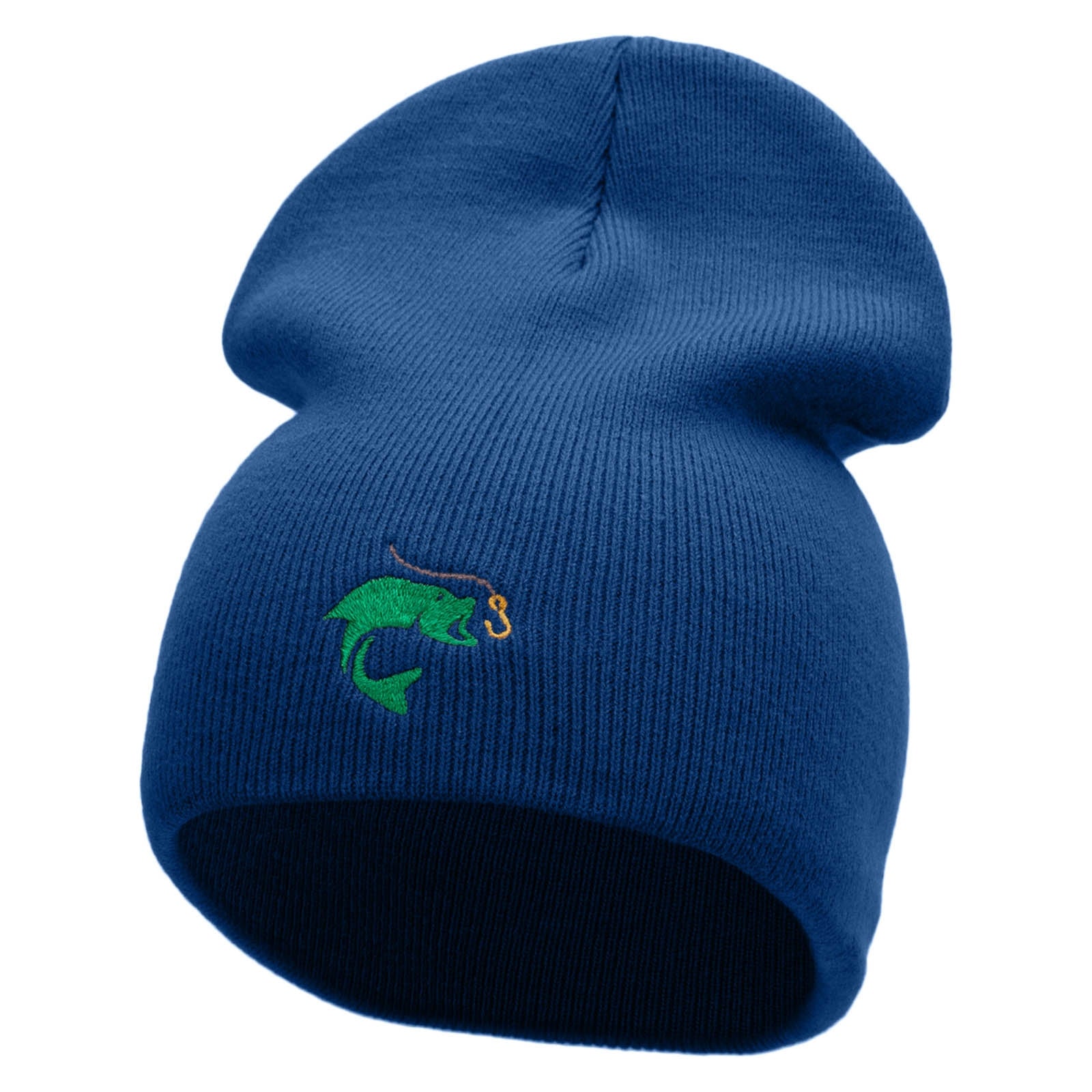 Hook Line Fish Embroidered 8 Inch Short Beanie Made in USA - Royal Blue OSFM