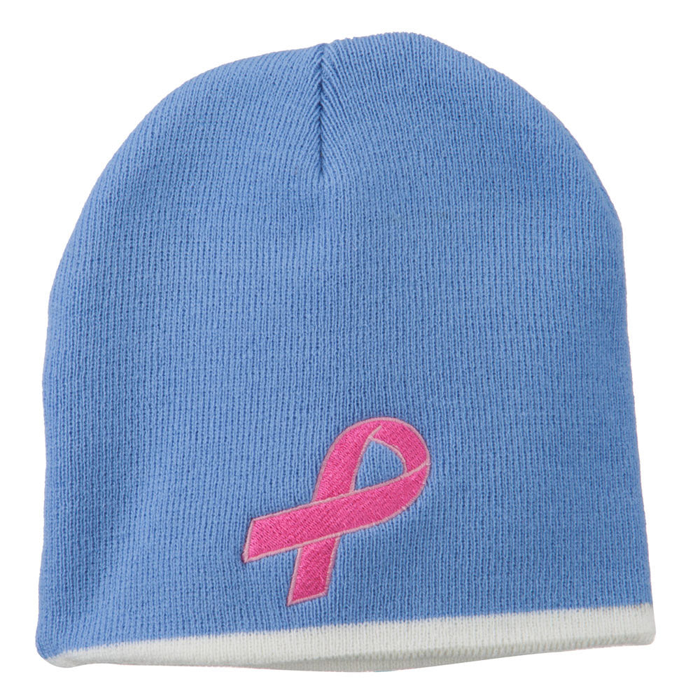 Hot Pink Breast Cancer Embroidered Short Trim Beanie - Sky White OSFM