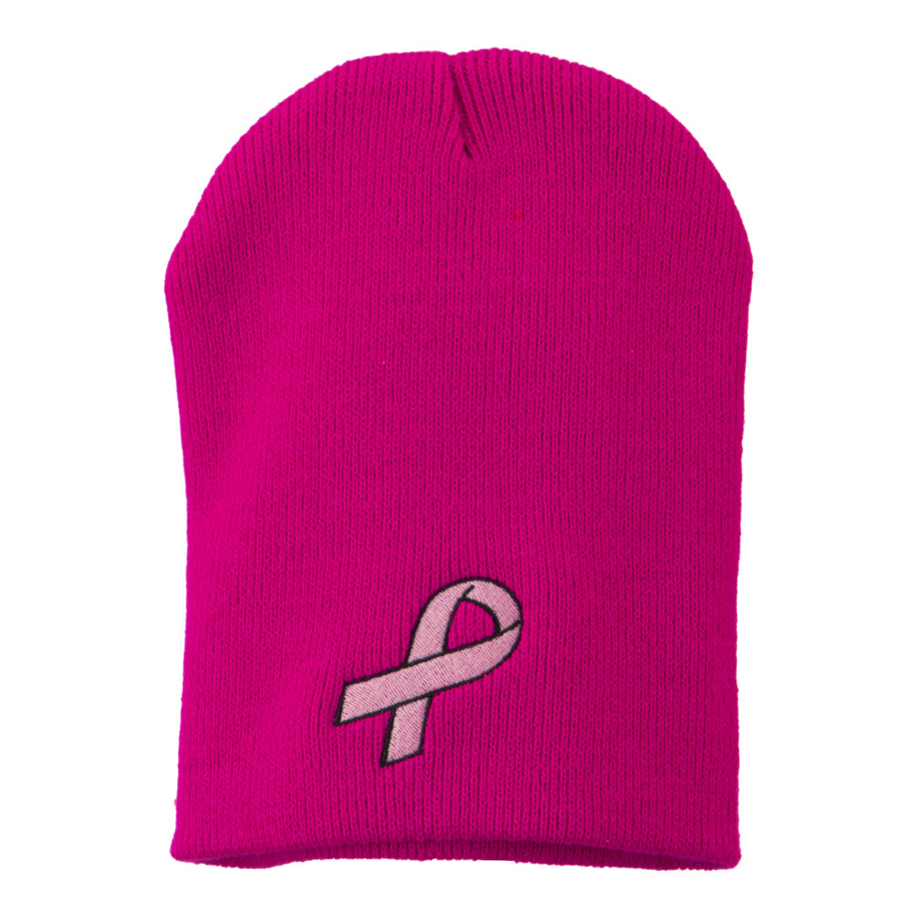 Pink Ribbon Breast Cancer Embroidered Short Beanie - Hot Pink OSFM