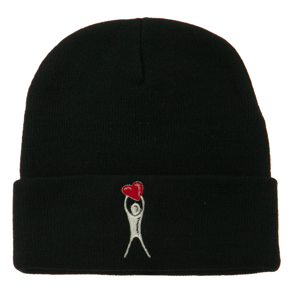 Breast Cancer Body Heart Embroidered Long Beanie - Black OSFM