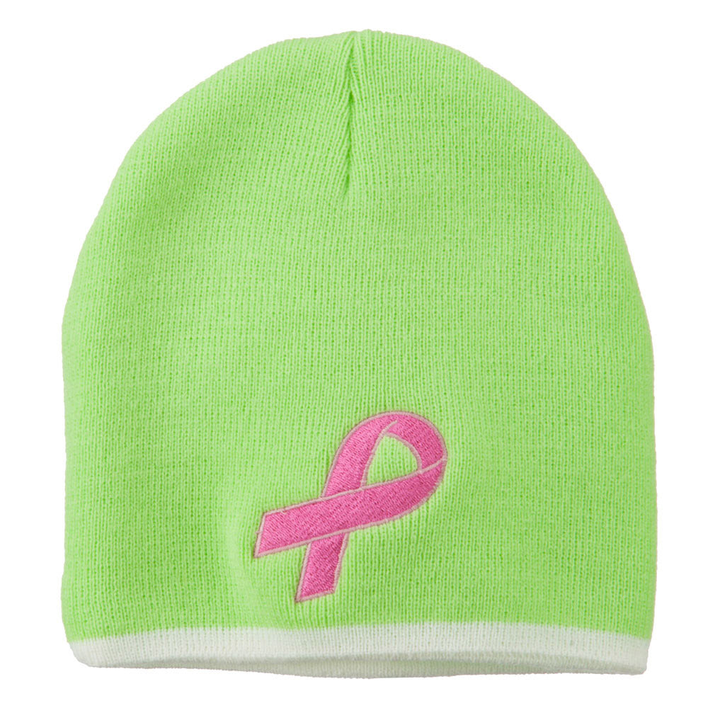 Hot Pink Breast Cancer Embroidered Short Trim Beanie - Lime White OSFM