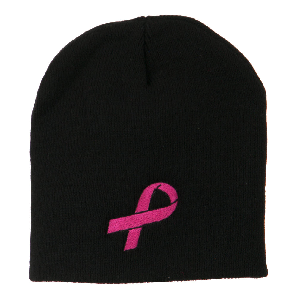 Pink Ribbon Breast Cancer Embroidered Short Beanie - Black OSFM