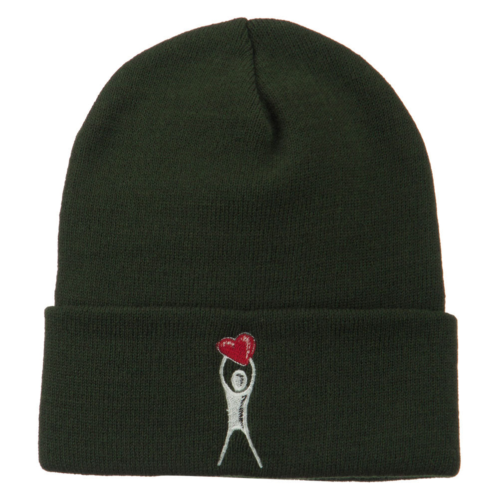 Breast Cancer Body Heart Embroidered Long Beanie - Olive OSFM