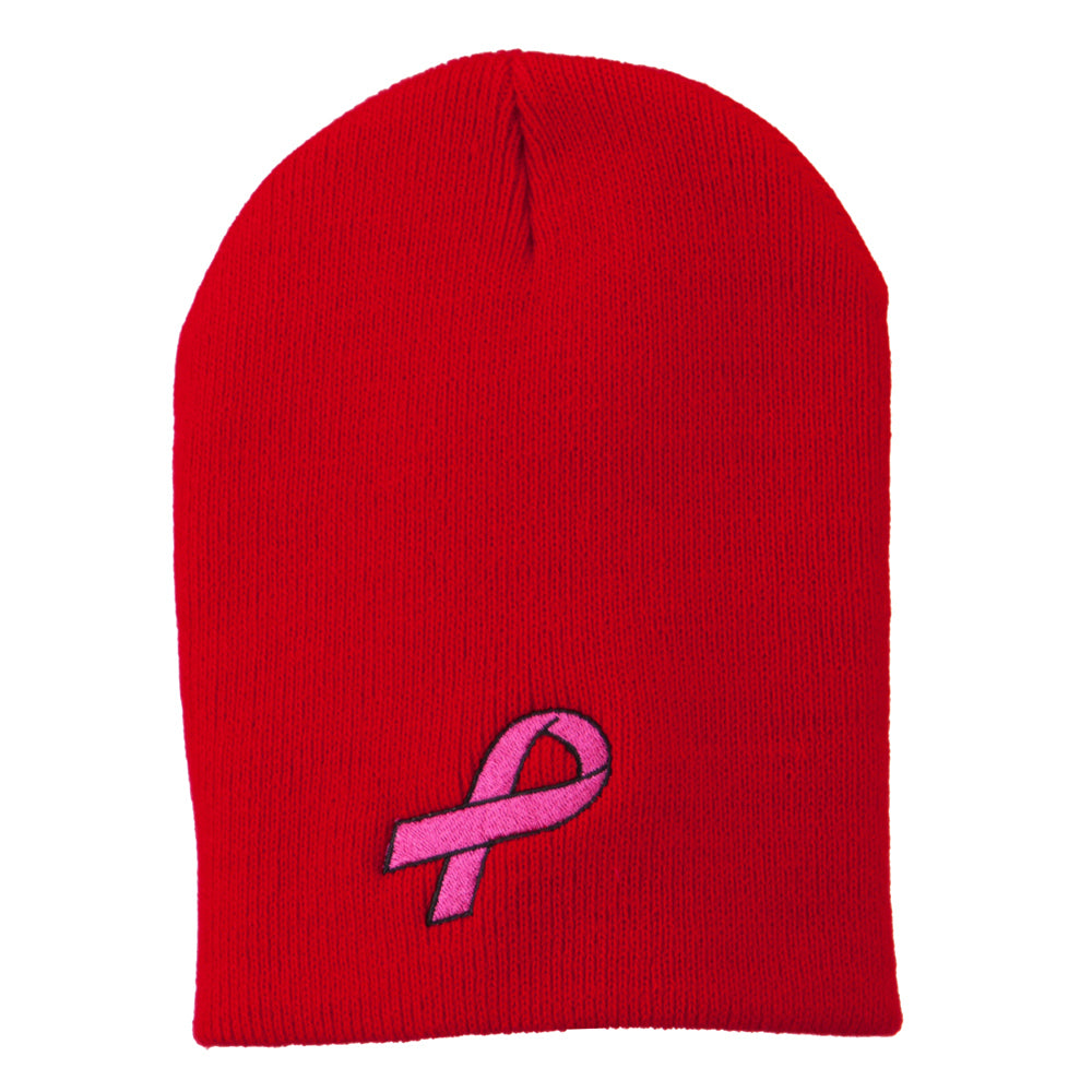 Pink Ribbon Breast Cancer Embroidered Short Beanie - Red OSFM
