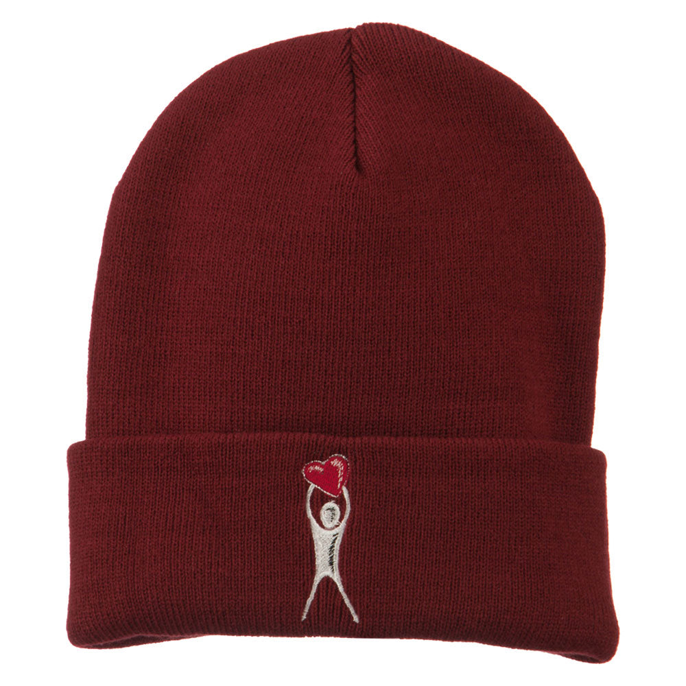 Breast Cancer Body Heart Embroidered Long Beanie - Maroon OSFM