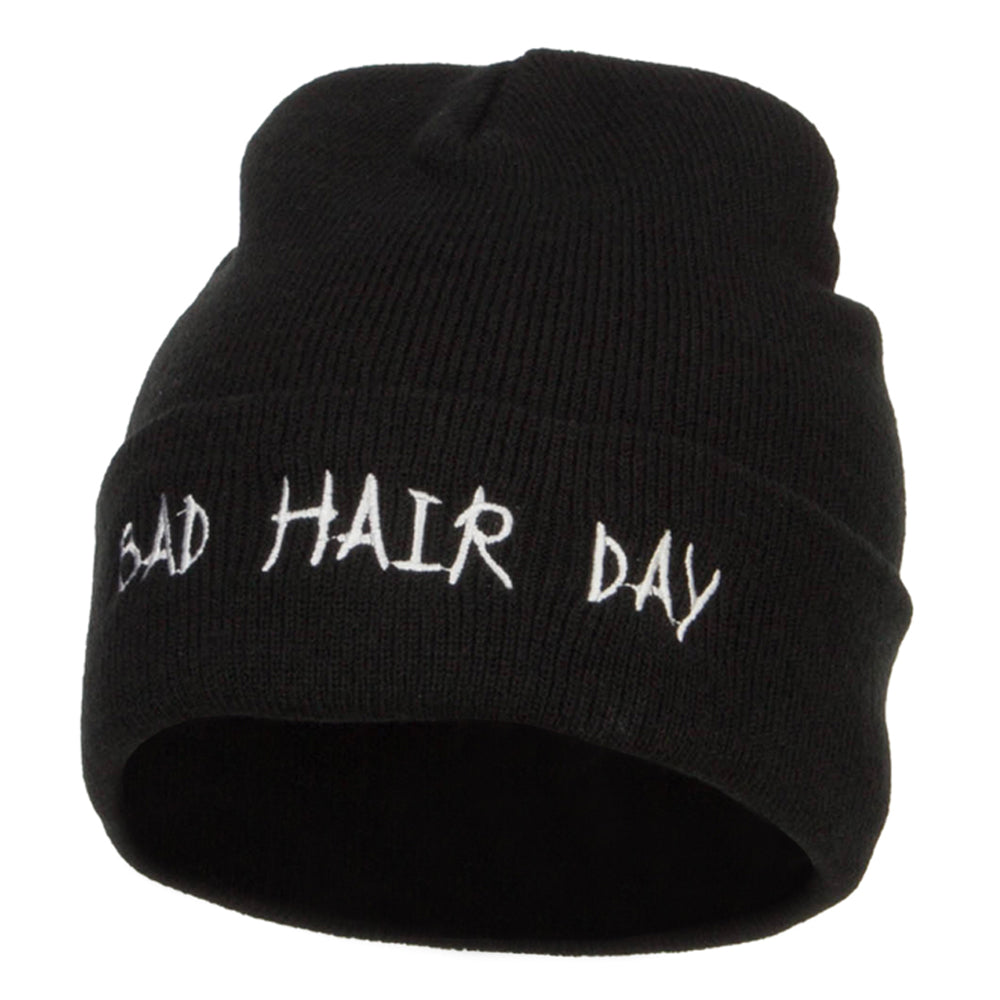 Bad Hair Day Embroidered Long Beanie - Black OSFM