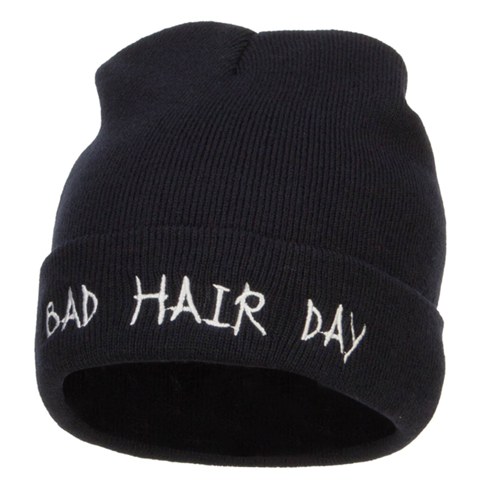 Bad Hair Day Embroidered Long Beanie - Navy OSFM