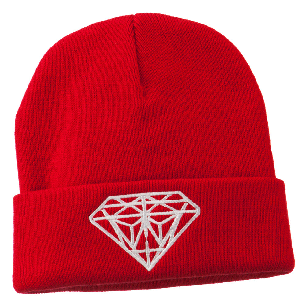 Big Diamond Embroidered Long Beanie - Red OSFM